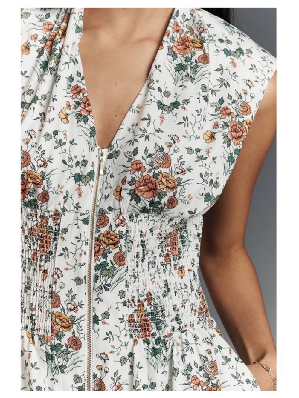 Anthropologie The Tommie cap sleeve smocked front zip floral midi - Picture 2 of 14